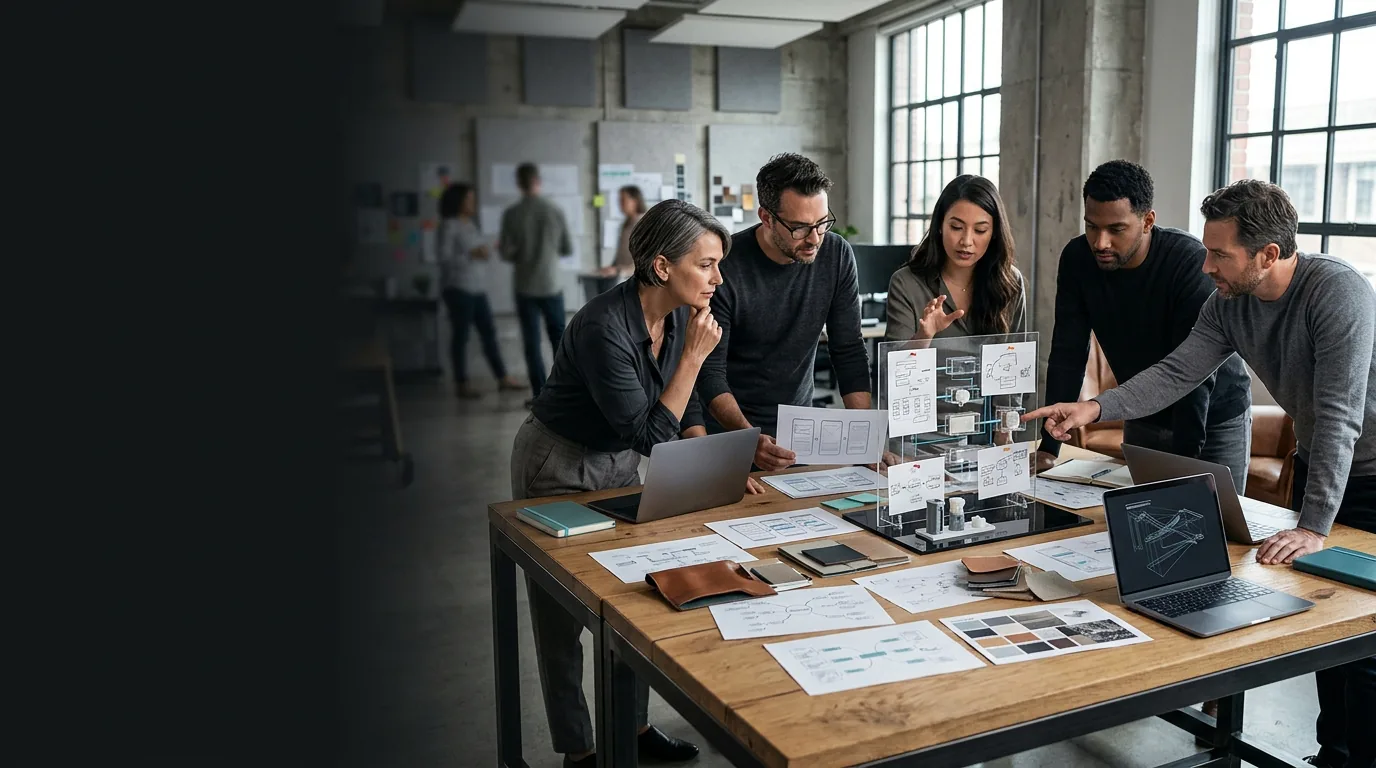 A connected team thinking beside a client around one shared business challenge