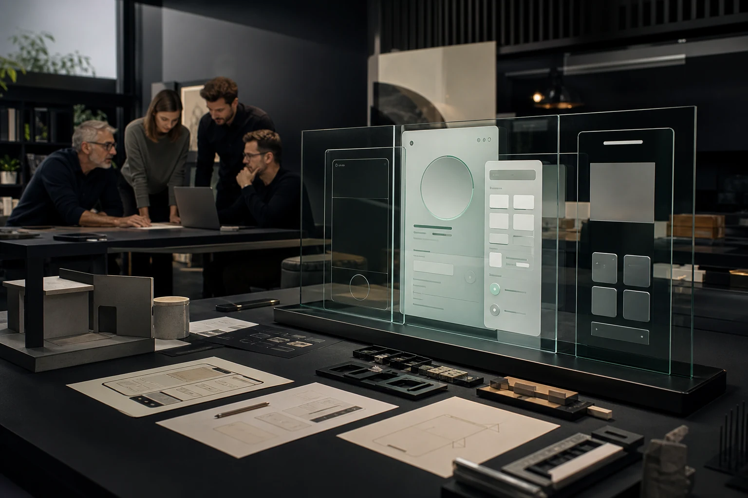 A senior digital product team shaping software and interface systems in a modern studio