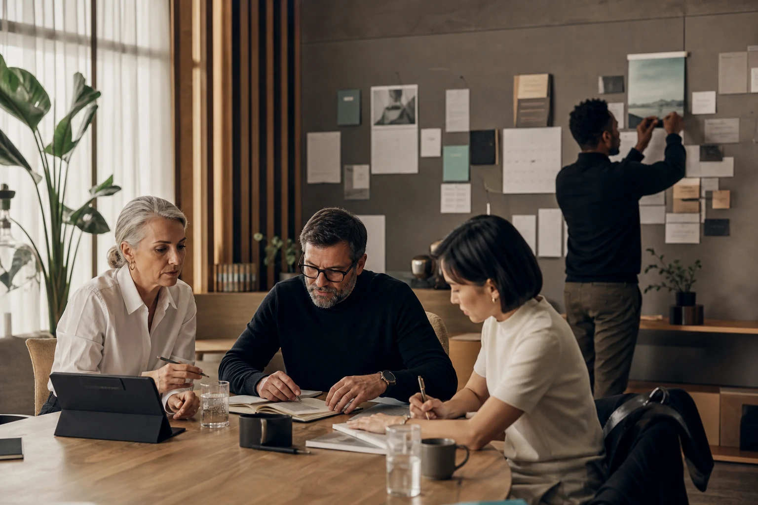 A global business operations team coordinating planning, research, and client delivery
