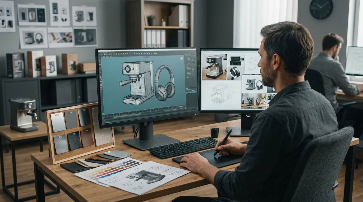 Creative specialists developing 3D Product Visualization with visual references, production tools, and brand materials