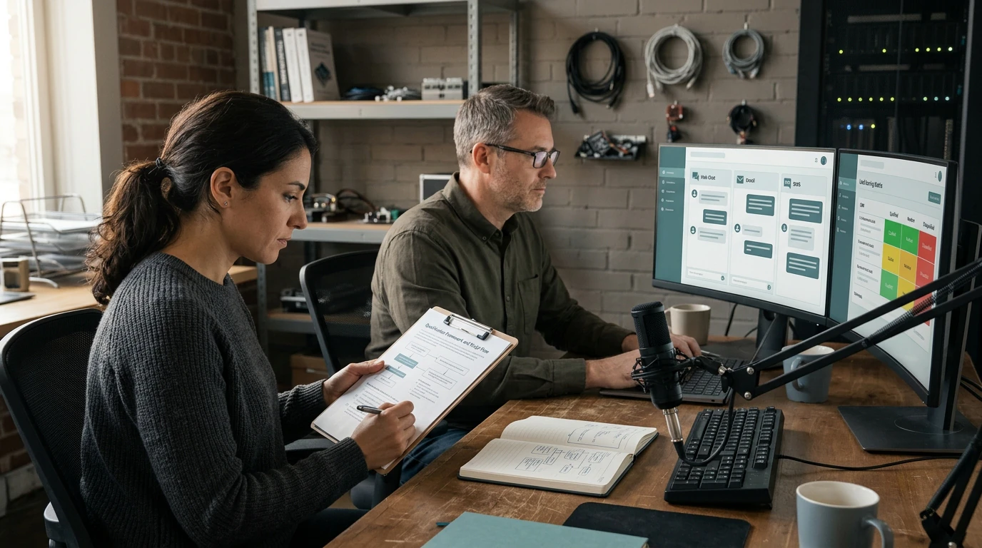 AI and automation specialists designing AI Sales Agent with workflow maps, data, and live systems