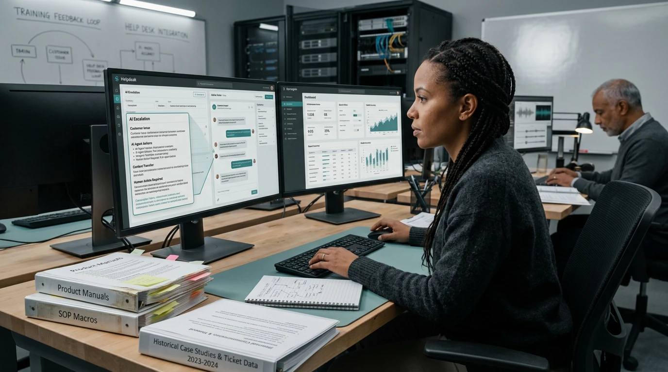 AI and automation specialists designing AI Support Agent with workflow maps, data, and live systems