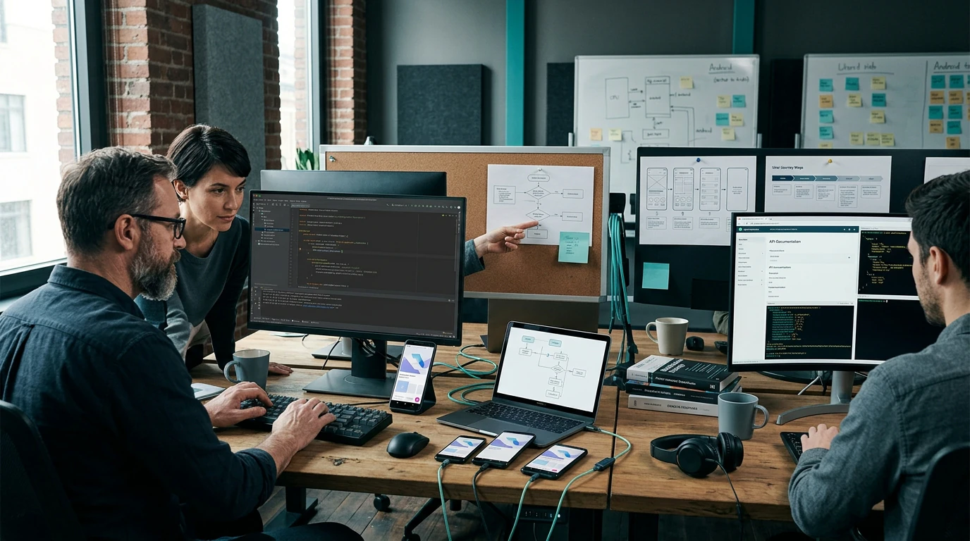 A digital product team reviewing Android App Development across responsive desktop and mobile interfaces