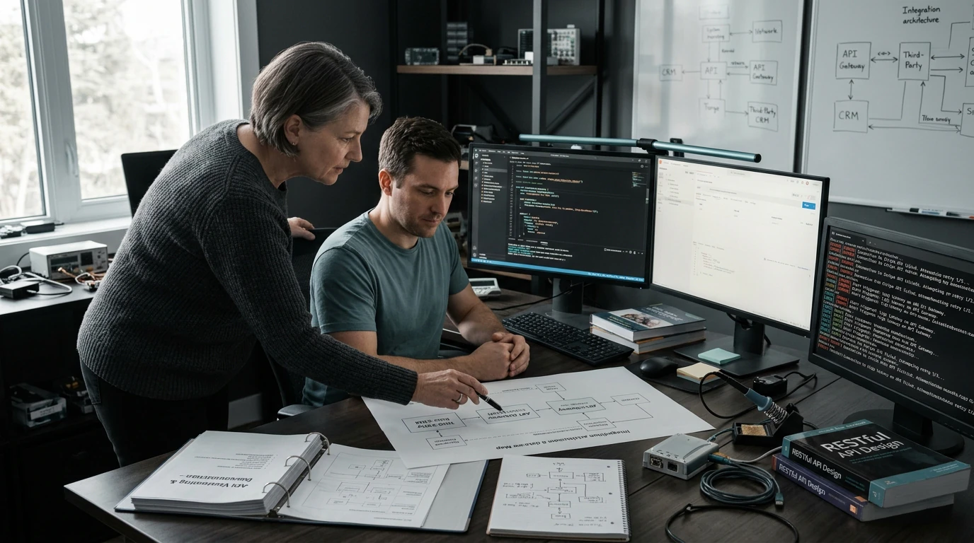 Software engineers planning API Development with architecture diagrams, code, and development tools