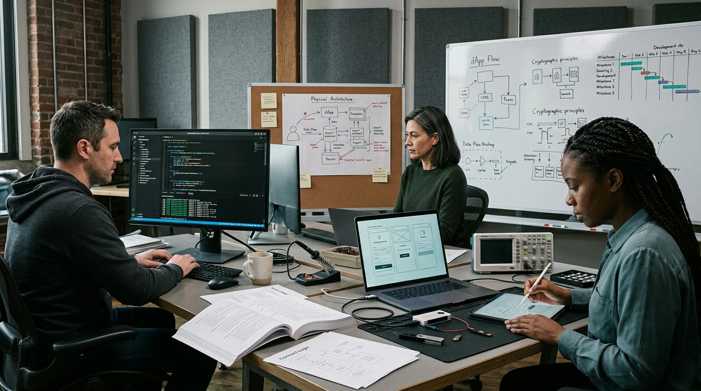 Software engineers planning Blockchain Development with architecture diagrams, code, and development tools