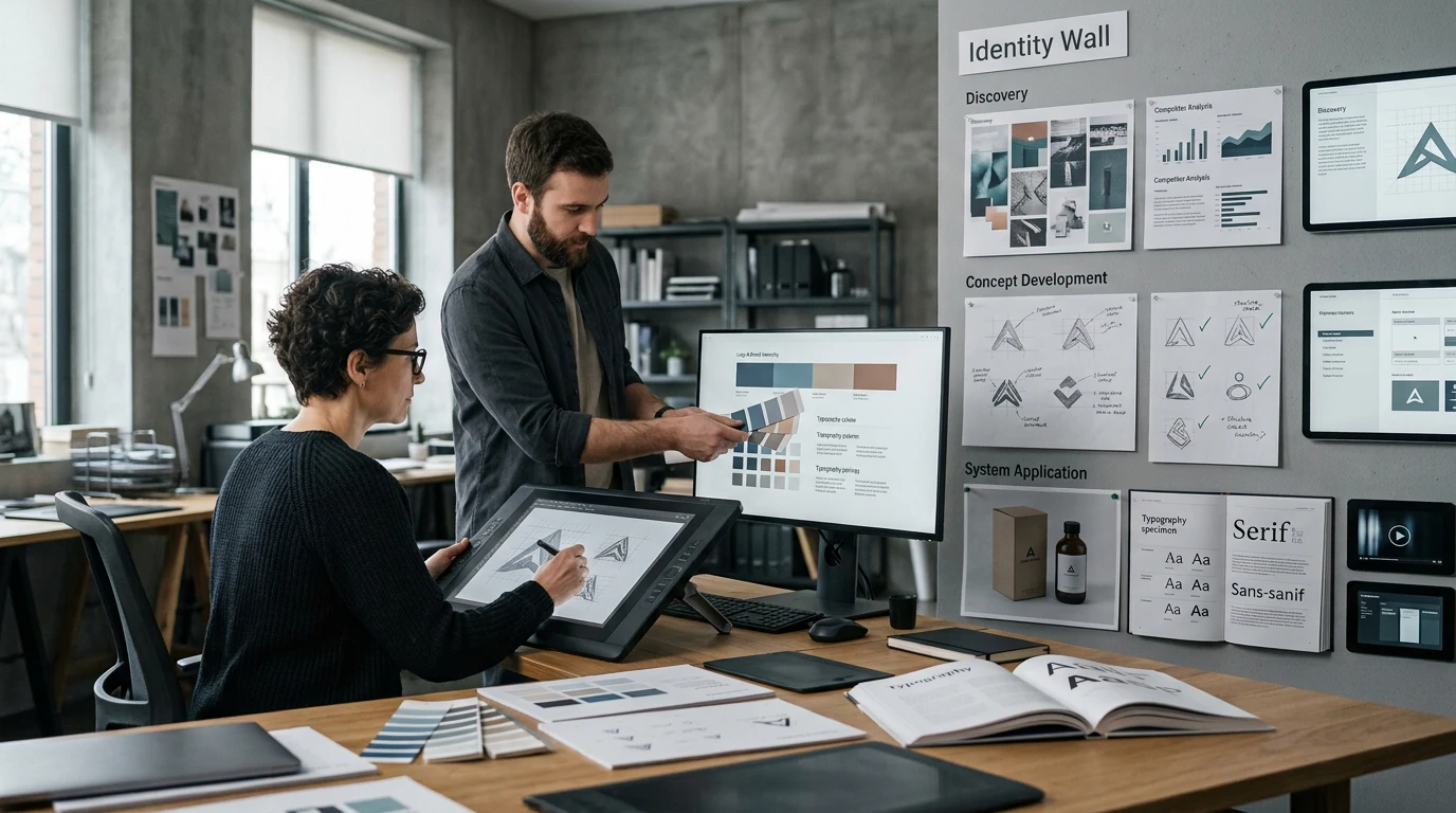 Creative specialists developing Brand Guidelines Messaging with visual references, production tools, and brand materials