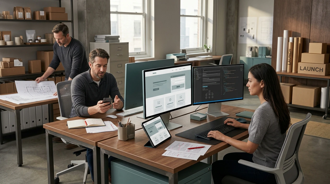 A digital product team reviewing Business Website across responsive desktop and mobile interfaces