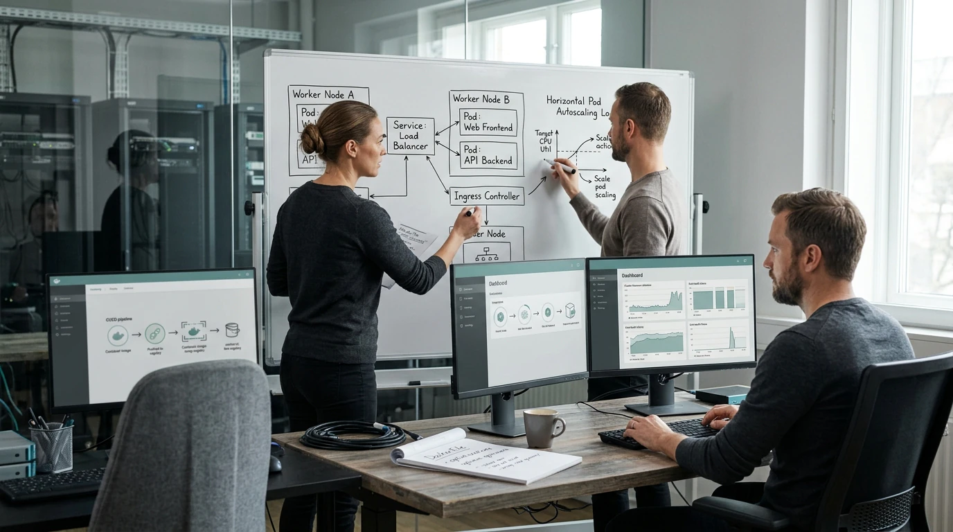 Cloud and DevOps specialists coordinating Containerization Kubernetes across infrastructure and deployment systems