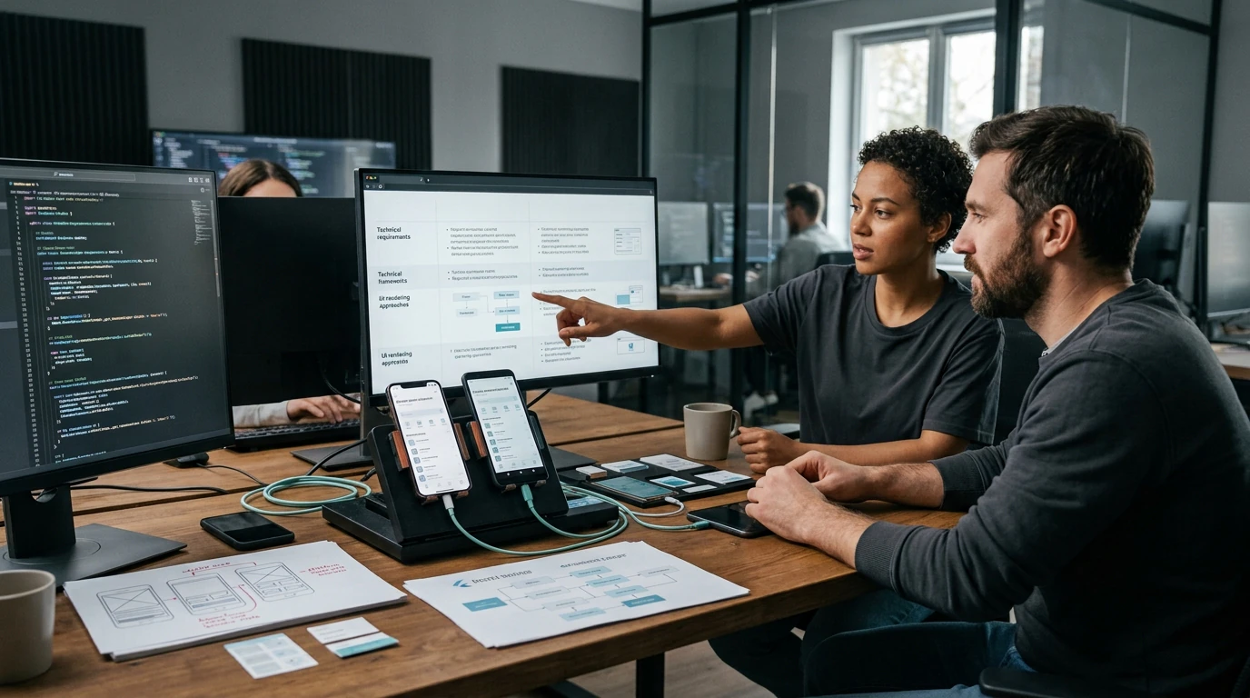 A digital product team reviewing Cross Platform App across responsive desktop and mobile interfaces