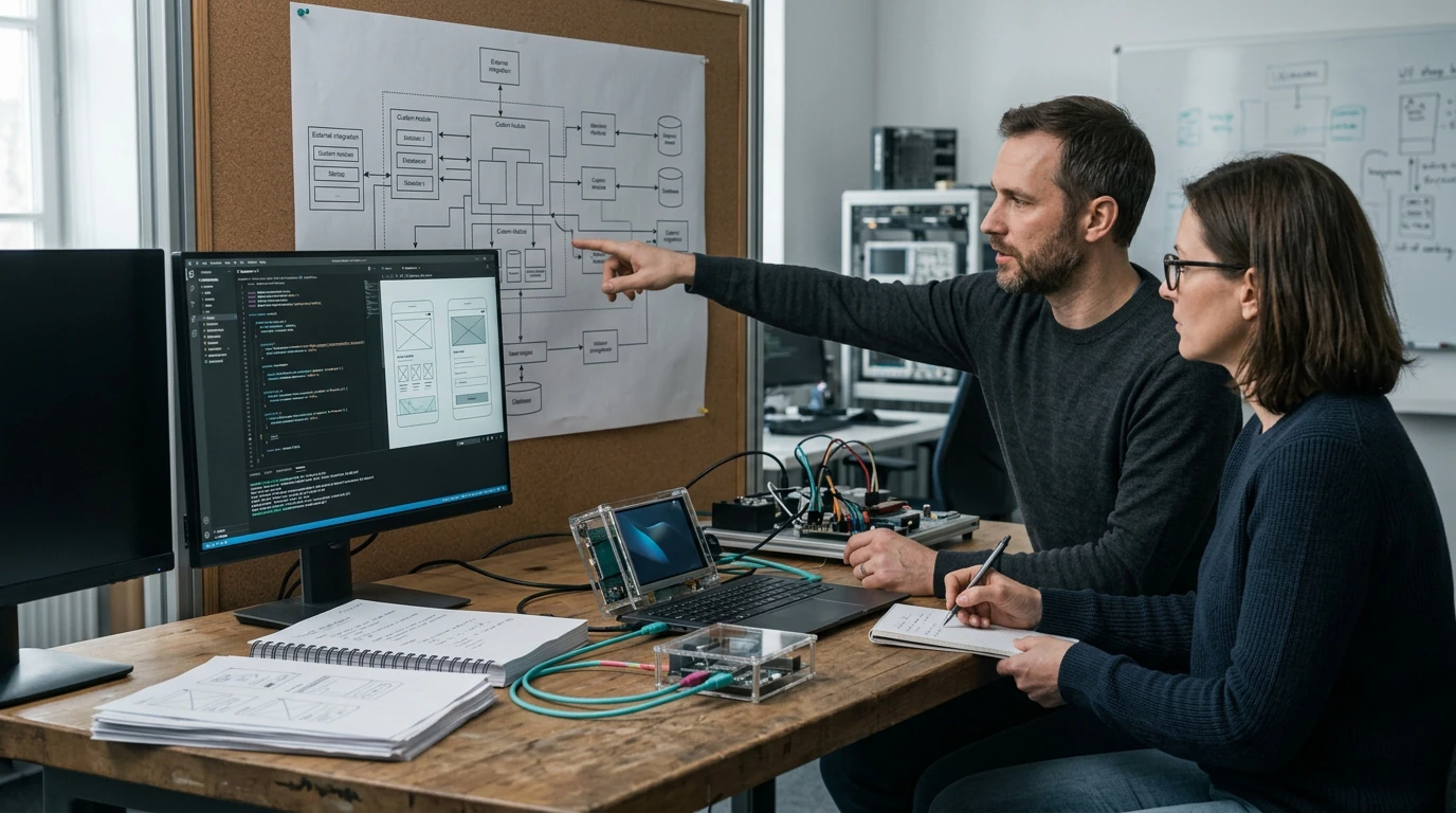 Software engineers planning Custom Software with architecture diagrams, code, and development tools