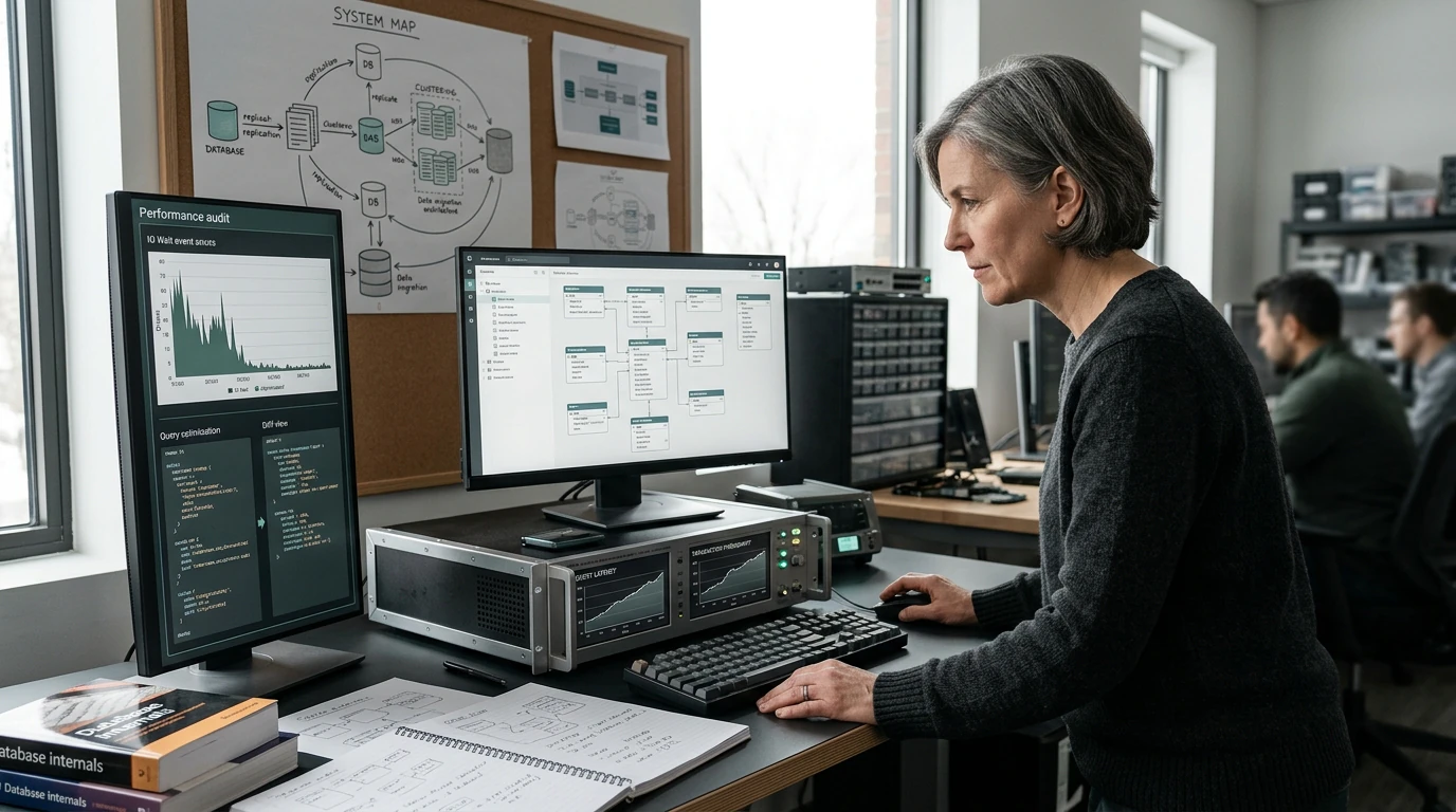 Software engineers planning Database Architecture with architecture diagrams, code, and development tools