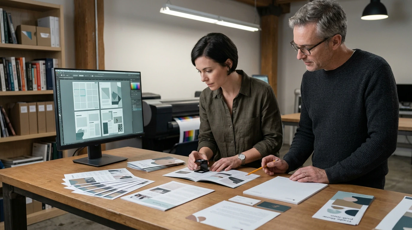 Creative specialists developing Graphic Design Retainer with visual references, production tools, and brand materials