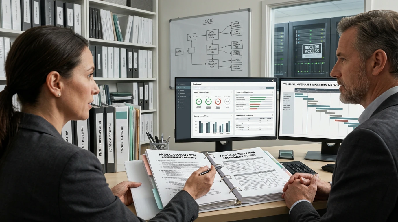 Cybersecurity specialists working on HIPAA Compliance with network, endpoint, and risk telemetry