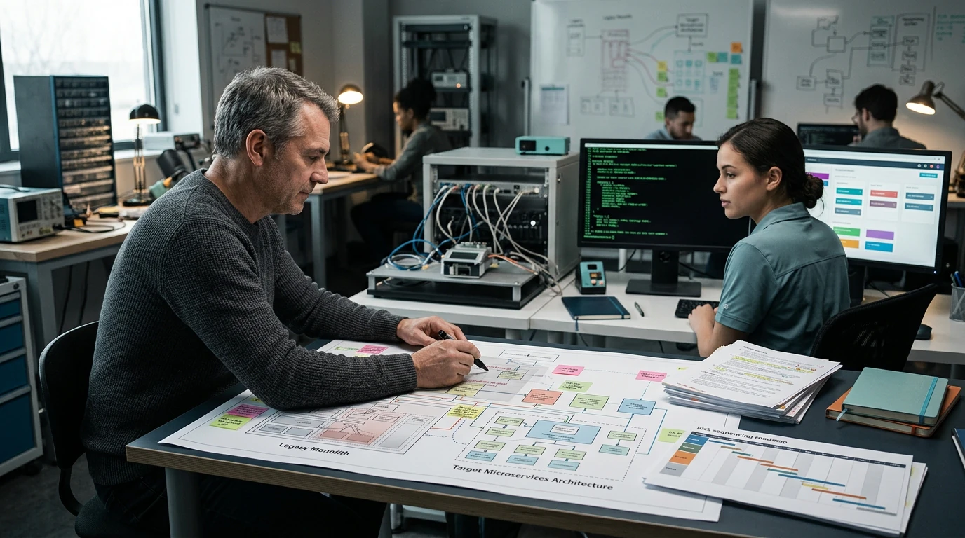 Software engineers planning Legacy Modernization with architecture diagrams, code, and development tools