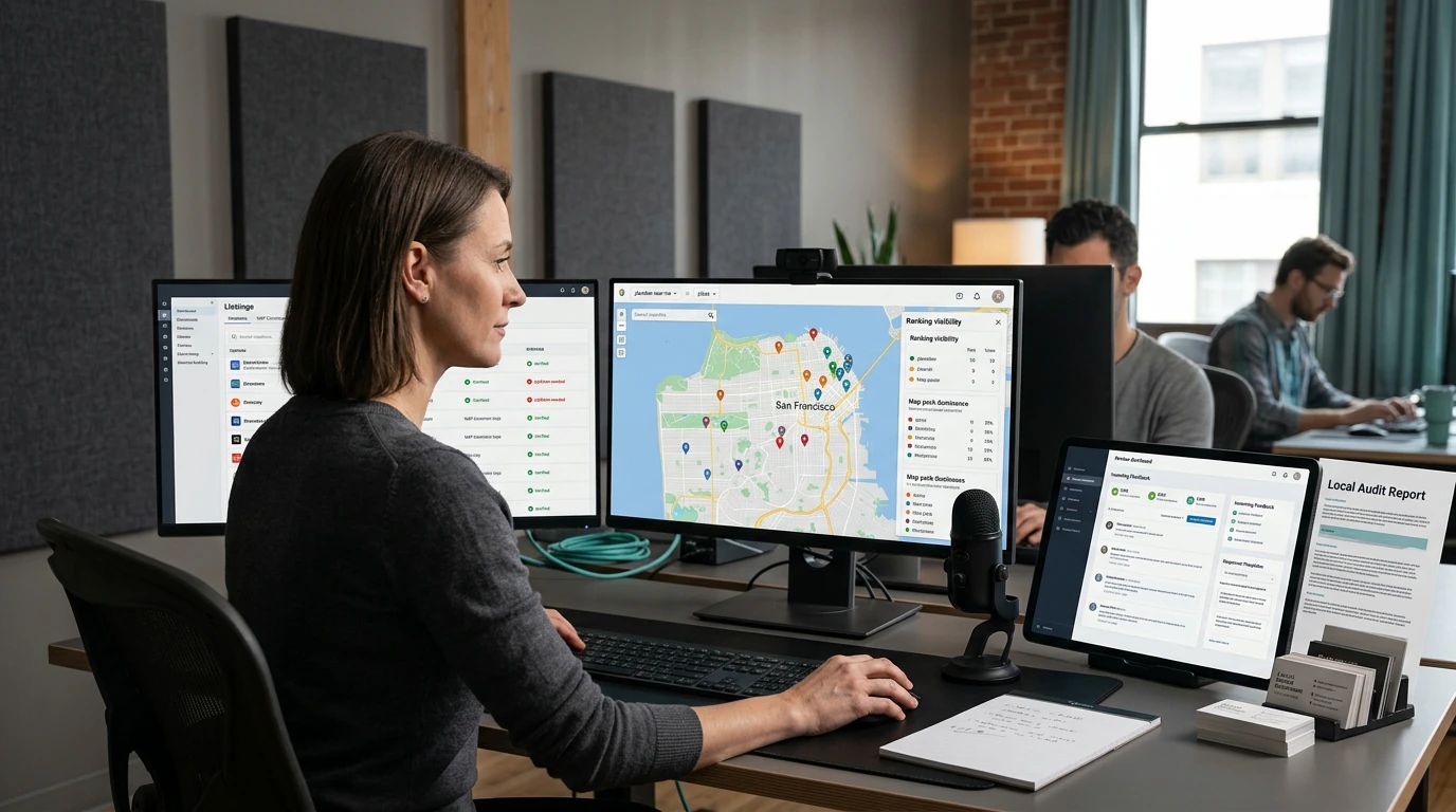 Growth specialists planning Local SEO with campaign, audience, content, and performance data