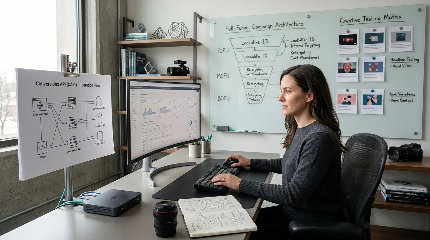 Growth specialists planning Meta Ads with campaign, audience, content, and performance data