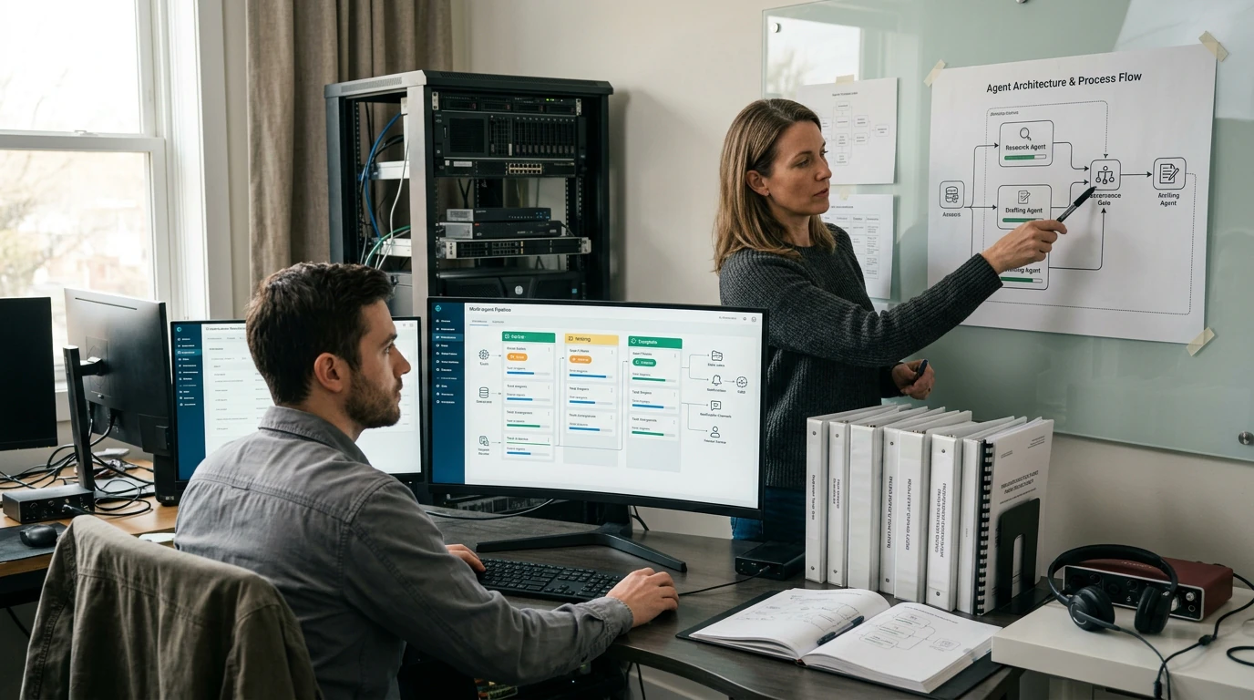 AI and automation specialists designing Multi Agent Orchestration with workflow maps, data, and live systems