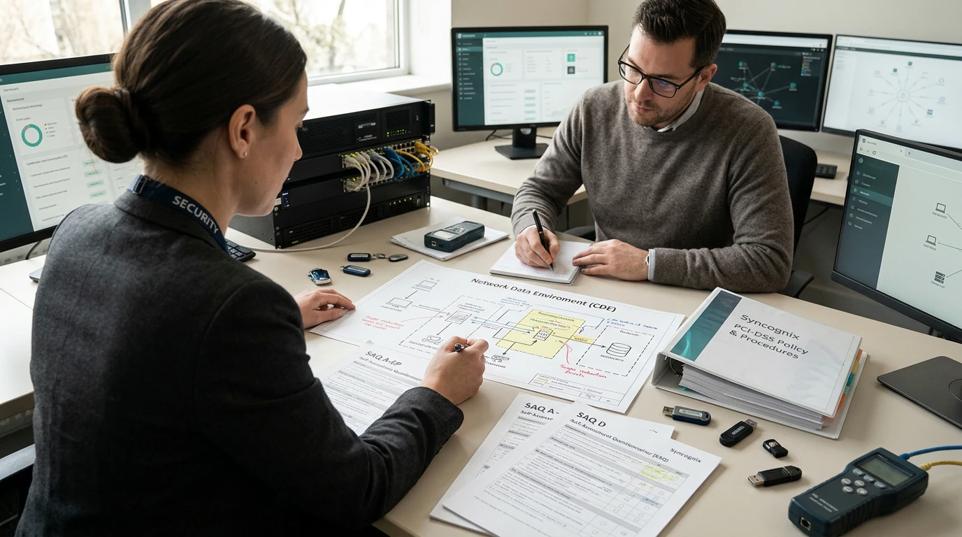 Cybersecurity specialists working on PCI DSS Compliance with network, endpoint, and risk telemetry