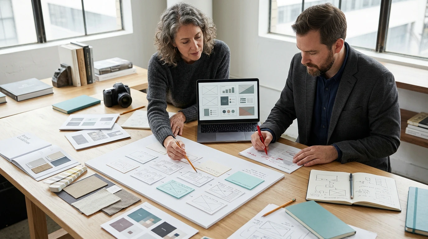 Creative specialists developing Pitch Deck Design with visual references, production tools, and brand materials