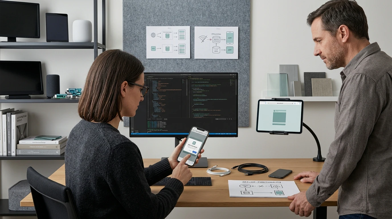 A digital product team reviewing Progressive Web App across responsive desktop and mobile interfaces