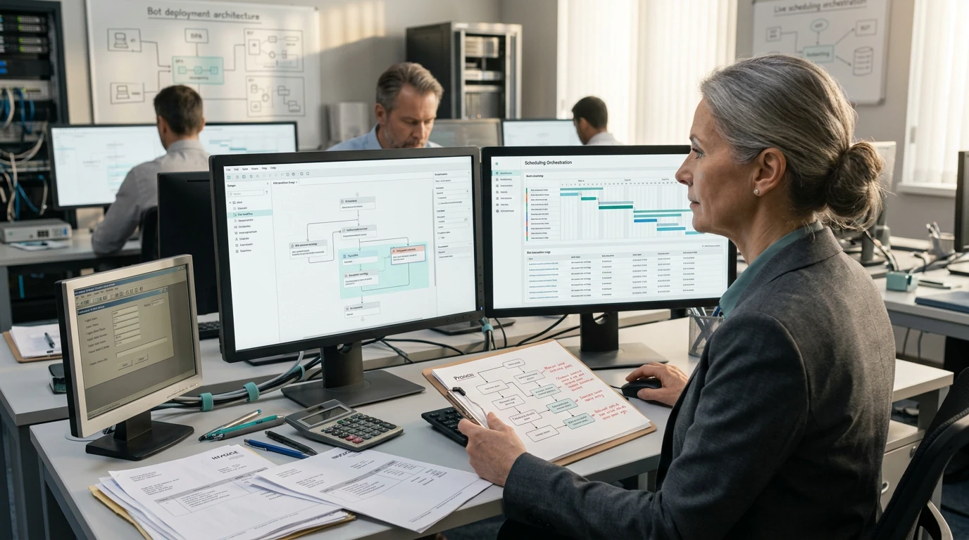 AI and automation specialists designing RPA Back Office with workflow maps, data, and live systems
