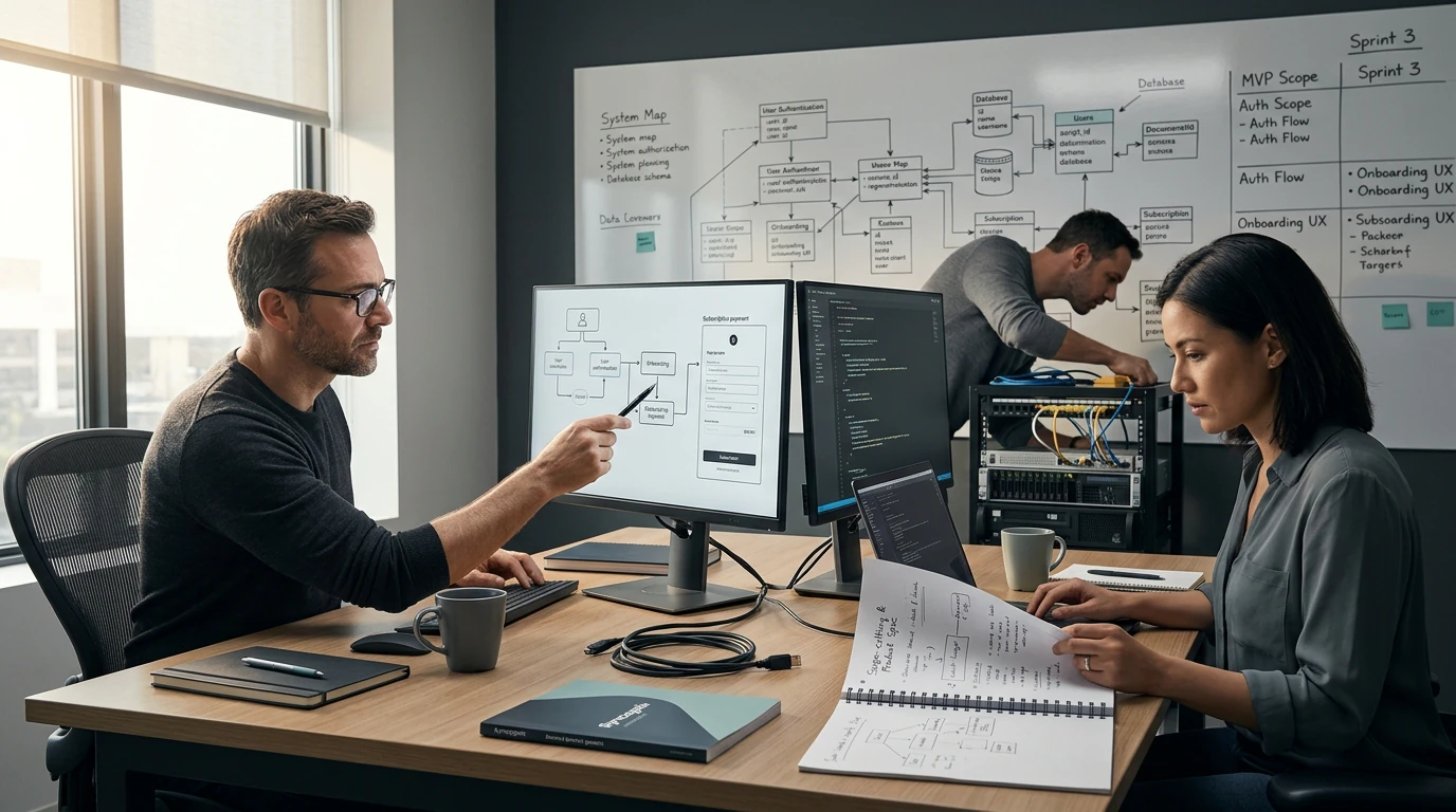Software engineers planning SaaS MVP Development with architecture diagrams, code, and development tools