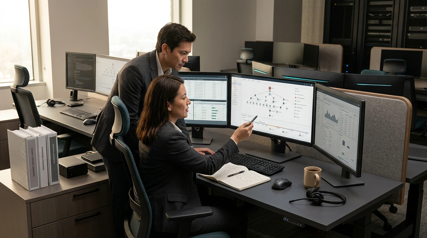 Cybersecurity specialists working on Security Audit with network, endpoint, and risk telemetry