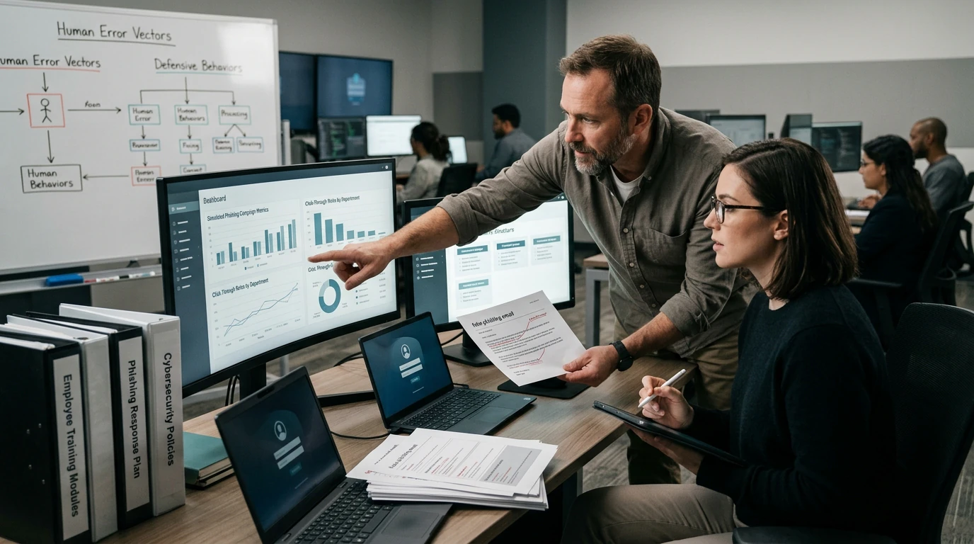 Cybersecurity specialists working on Security Awareness Training with network, endpoint, and risk telemetry