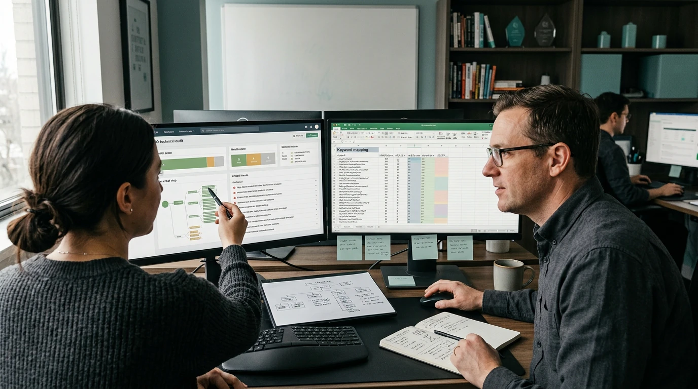 Growth specialists planning SEO Management with campaign, audience, content, and performance data