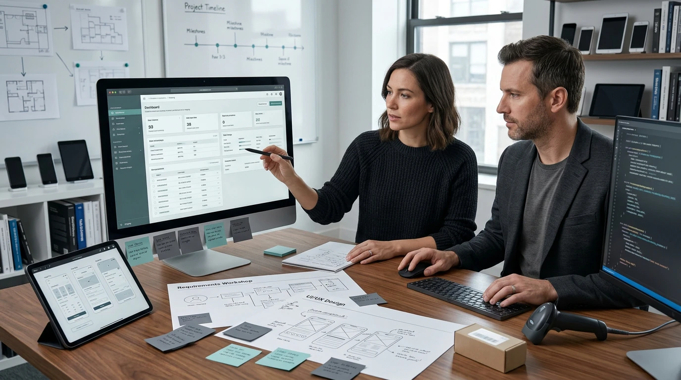 A digital product team reviewing Web Application across responsive desktop and mobile interfaces