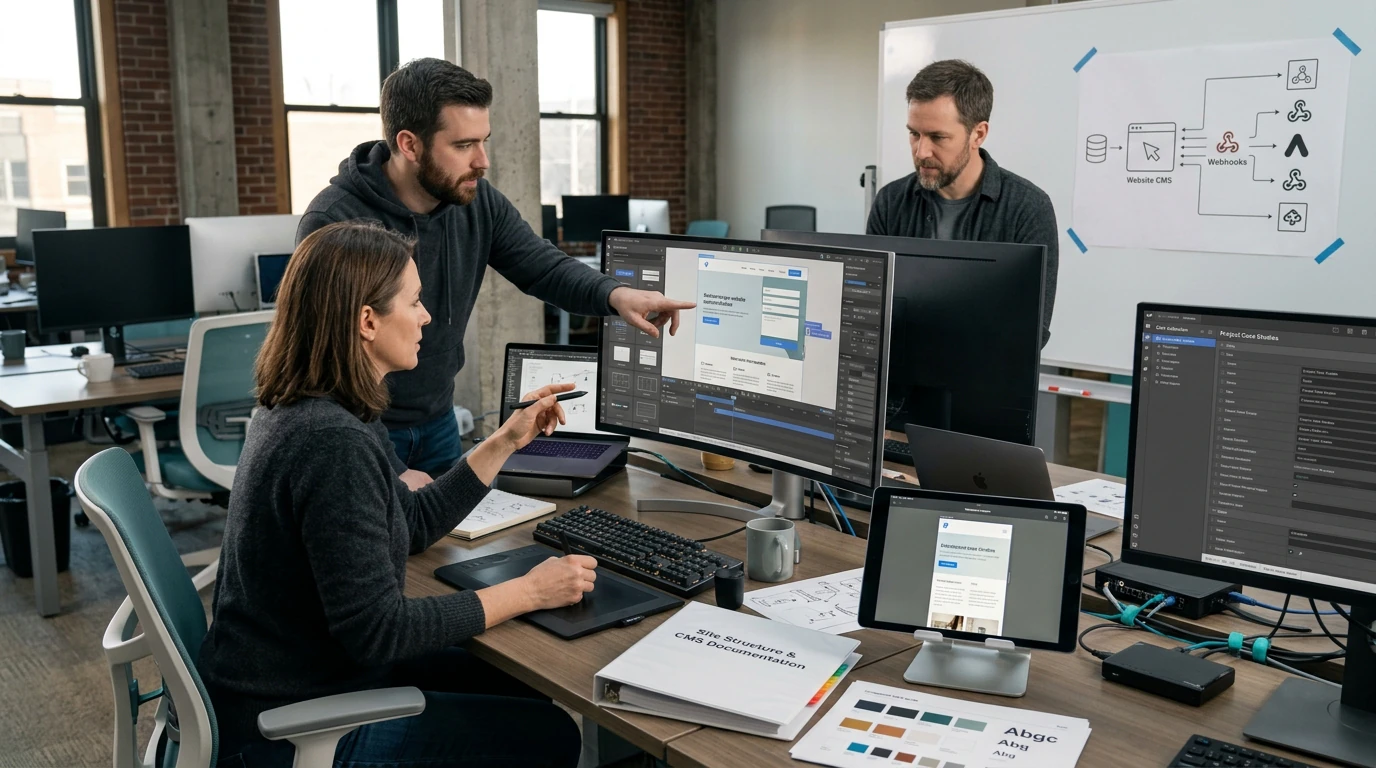 A digital product team reviewing Webflow No Code Development across responsive desktop and mobile interfaces