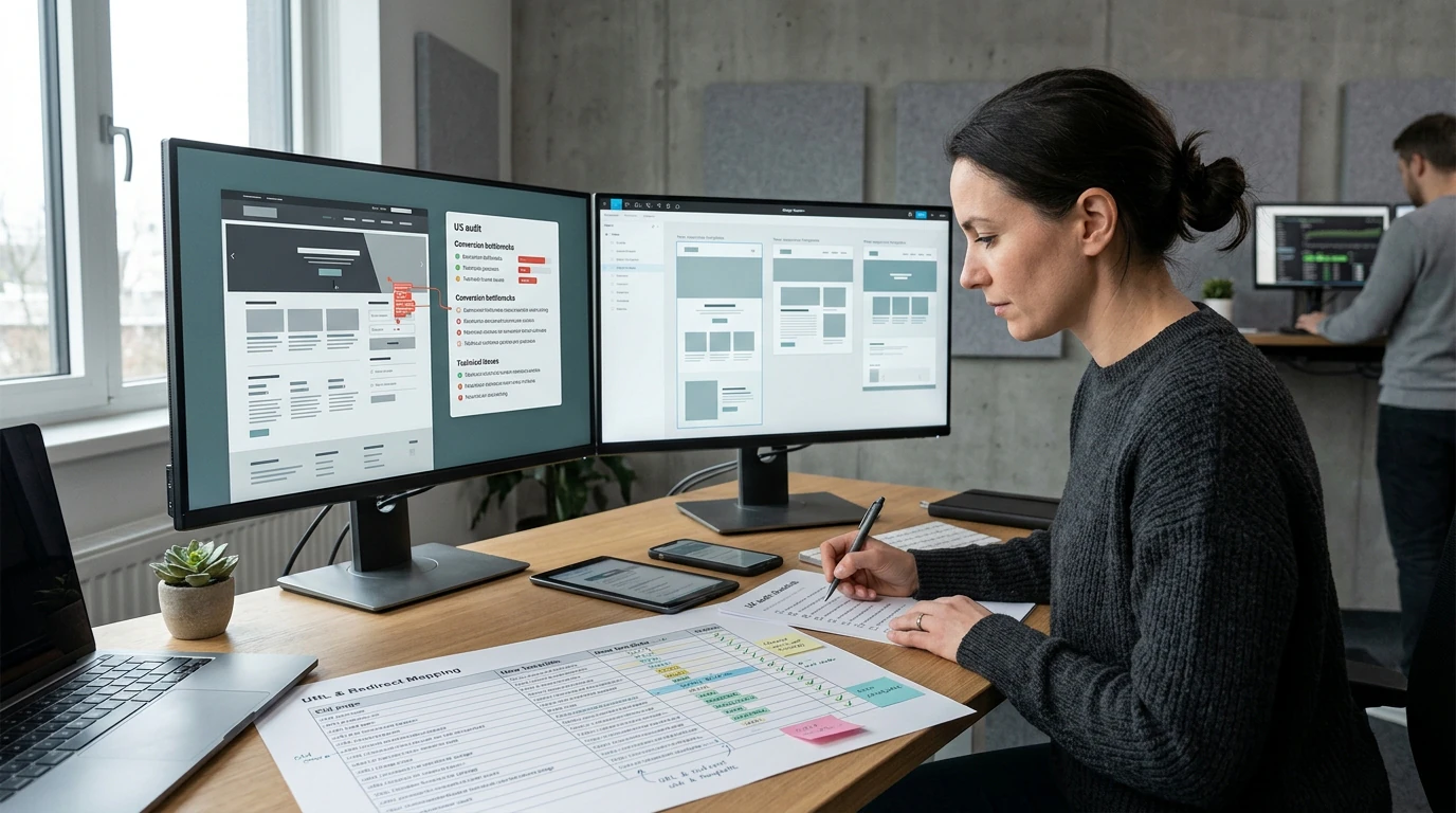A digital product team reviewing Website Redesign across responsive desktop and mobile interfaces