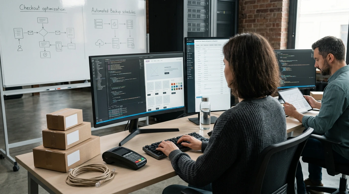A digital product team reviewing WooCommerce Development across responsive desktop and mobile interfaces