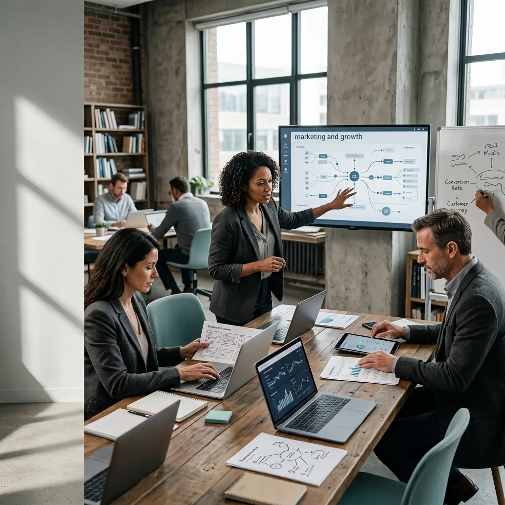 A digital marketing team coordinating growth strategy, campaign performance, and content