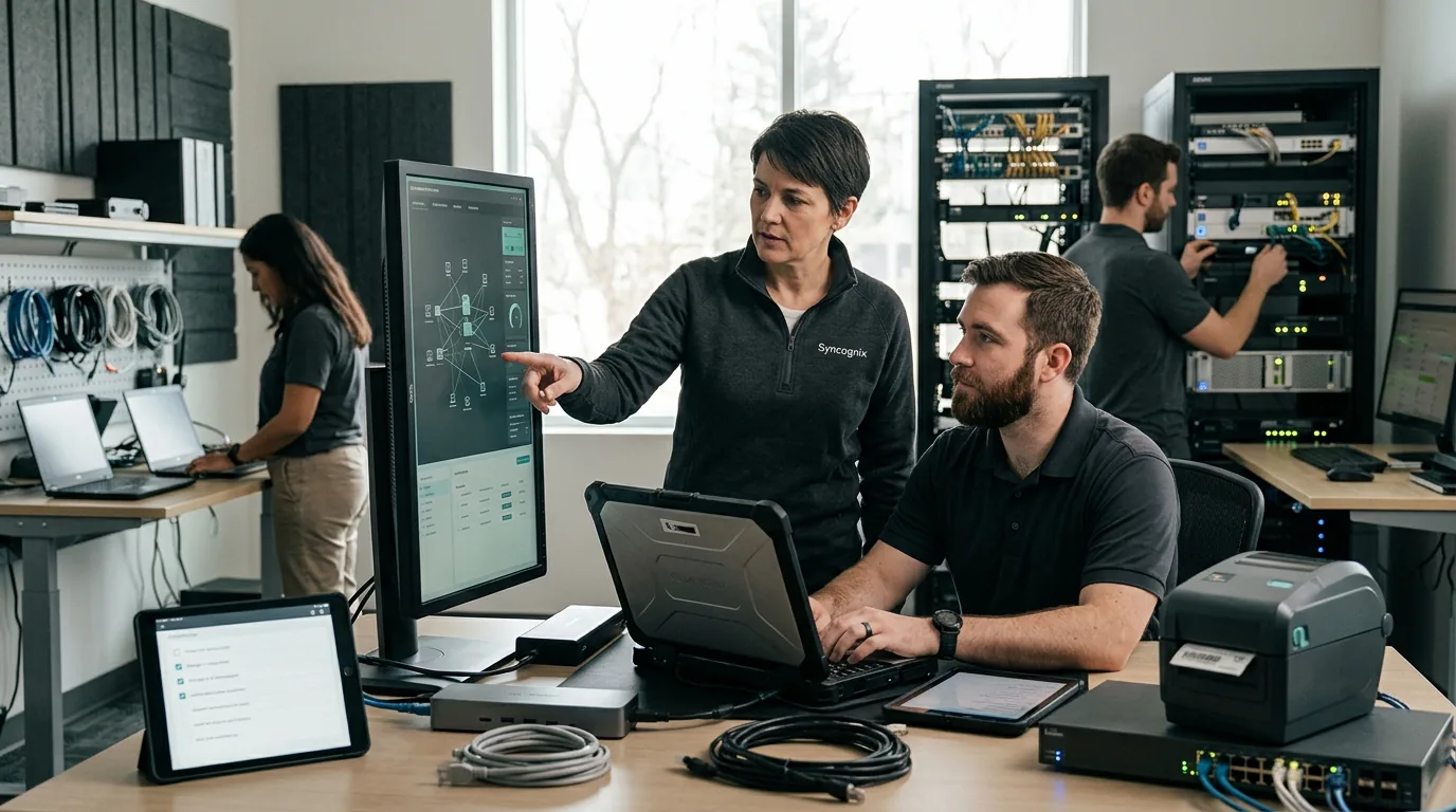 Workplace technology specialists coordinating devices, networks, support, and IT operations
