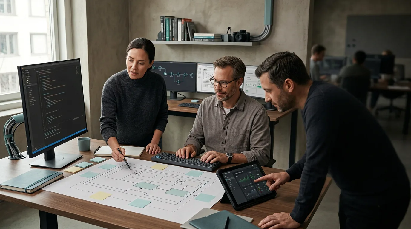 Software architects planning a production system with code, diagrams, and technical prototypes