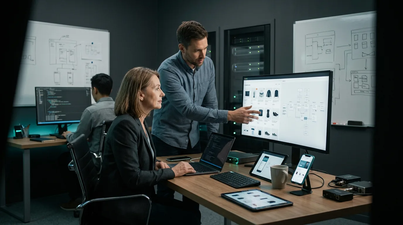 A digital product team connecting web and app experiences across multiple devices