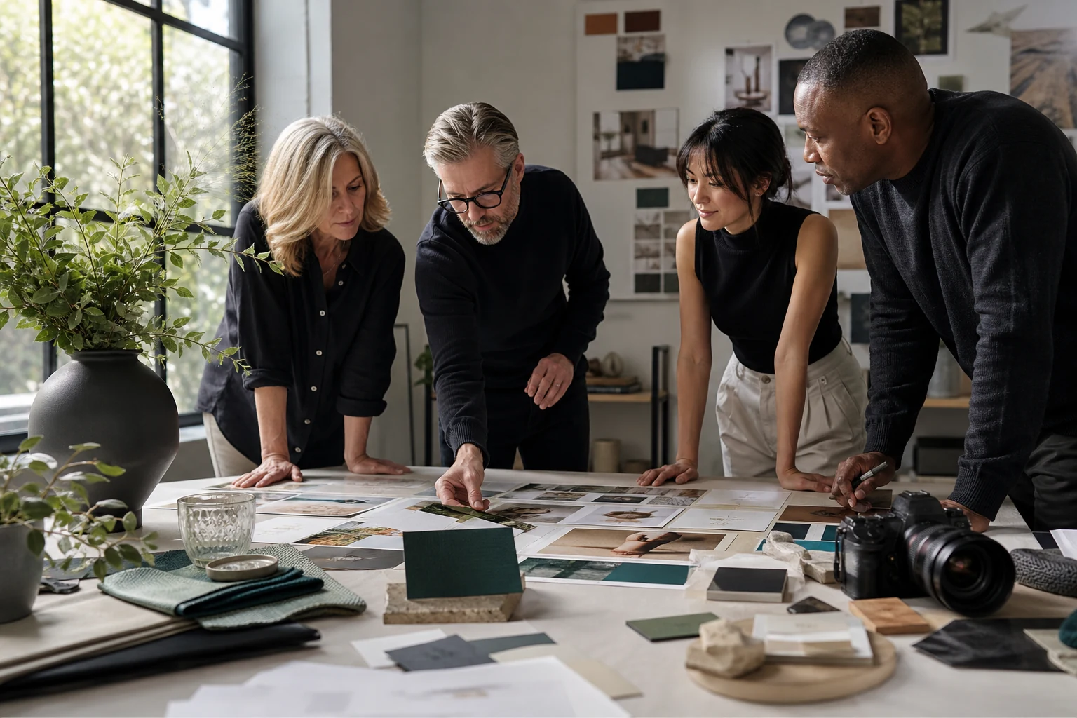 A multidisciplinary creative team developing brand and growth work in a bright studio